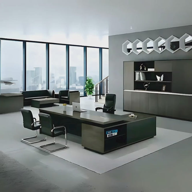 Escritorio ejecutivo con credenza lateral derecha o izquierda según sea el uso. Alza entre cubierta y credenza, dando un efecto de ligereza. Aura Muebles, modelo eej08.