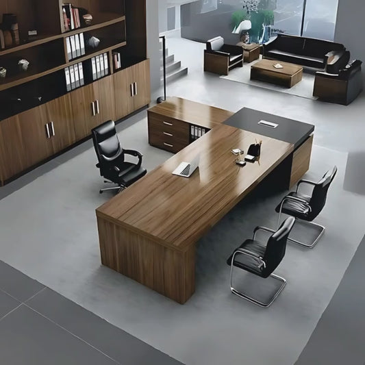 Escritorio ejecutivo con credenza lateral derecha o izquierda según sea el uso, con medidas de escritorio 180 x 80 x 75, fabricado en tablero laminado doble cara 28 mm Aura Muebles modelo EEJ07.