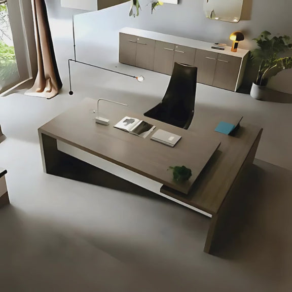 Escritorio ejecutivo ANDRE 33: Diseño minimalista combinado, escritorio ejecutivo con cubierta superpuesta sobre credenza lateral derecha o izquierda según sea el uso. Aura Muebles, modelo EEJ14.