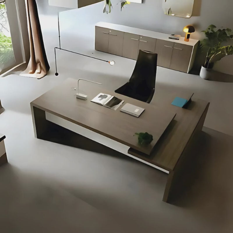 Escritorio ejecutivo ANDRE 33: Diseño minimalista combinado, escritorio ejecutivo con cubierta superpuesta sobre credenza lateral derecha o izquierda según sea el uso. Aura Muebles, modelo EEJ14.