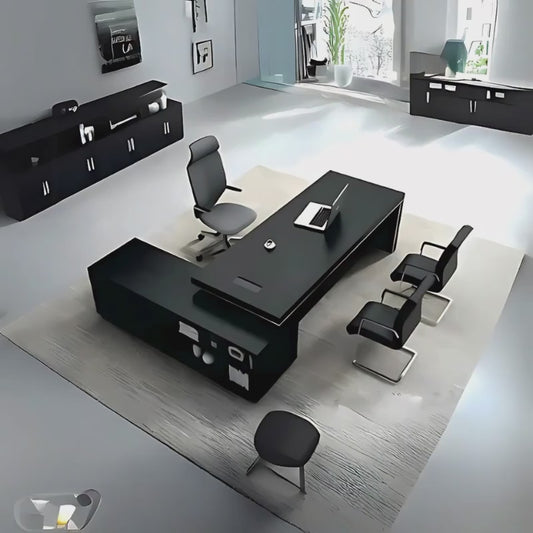 Escritorio ejecutivo con diseño minimalista, amantes de dirigir con credenza lateral derecha o izquierda según sea el uso. Con alza entre cubierta y credenza, dando un toque de ligereza: Aura Muebles, modelo EEJ01.