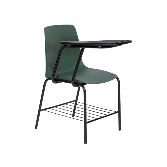 Pupitre escolar modelo PL-300 con paleta negra y asiento ergonómico en polipropileno verde.