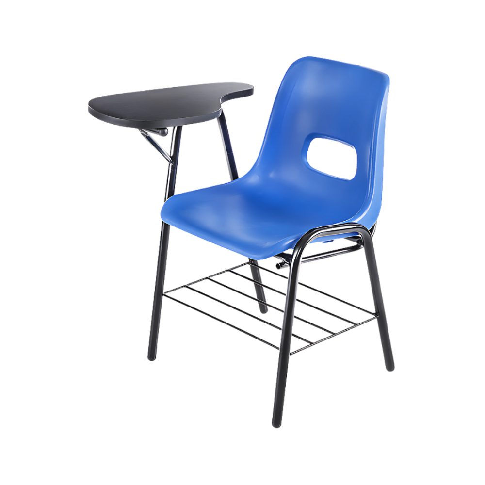 Pupitre escolar con asiento y respaldo en una sola pieza de polipropileno sin tapiz, concha fijada con pijas de 10×1½”, canastilla en varilla de acero pulido de 1/4” soldada, paleta en melamina de dos caras en 19 mm. en color negro con canto rígido en PVC Aura Muebles modelo PL-11