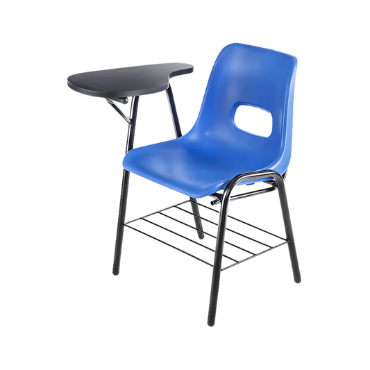 Pupitre escolar con asiento y respaldo en una sola pieza de polipropileno sin tapiz, concha fijada con pijas de 10×1½”, canastilla en varilla de acero pulido de 1/4” soldada, paleta en melamina de dos caras en 19 mm. en color negro con canto rígido en PVC Aura Muebles modelo PL-11
