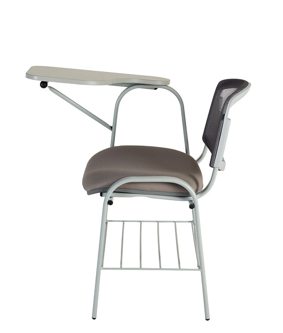 Vista lateral del pupitre escolar PL-120 PM con asiento acolchado y canastilla inferior.