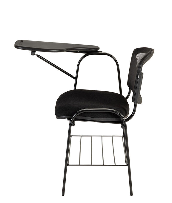 Lateral del pupitre escolar con paleta abatible y canastilla inferior.