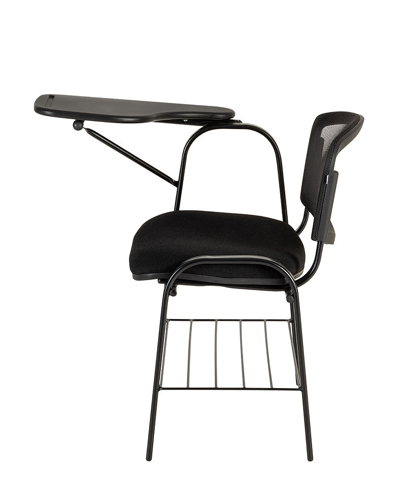 Lateral del pupitre escolar con paleta abatible y canastilla inferior.