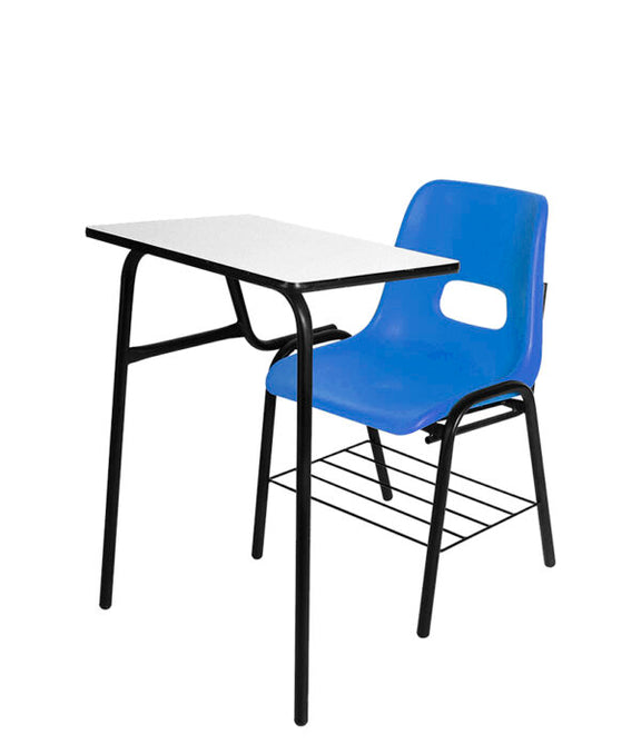 “Pupitre escolar modelo PL-820 con asiento de plástico y paleta fija blanca”