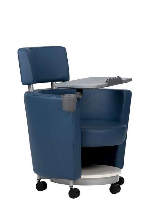 Vista lateral completa del pupitre escolar Smart con tapizado azul y estructura funcional