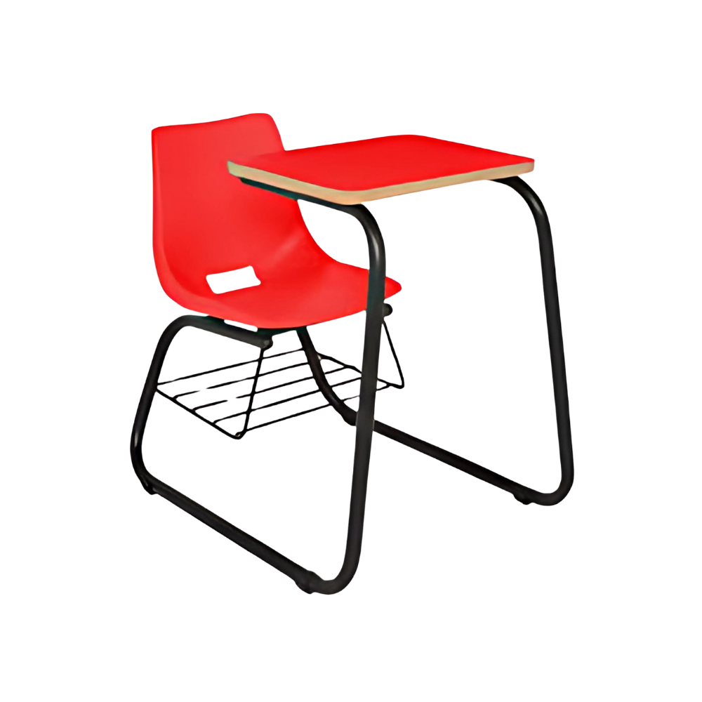 Pupitre infantil ambidiestro Integrados por una concha de polipropileno con transferencia térmica Asiento y respaldo Tapizados en tela a su elección Paleta Grande de polipropileno en color negro Aura Muebles Modelo PABI-355