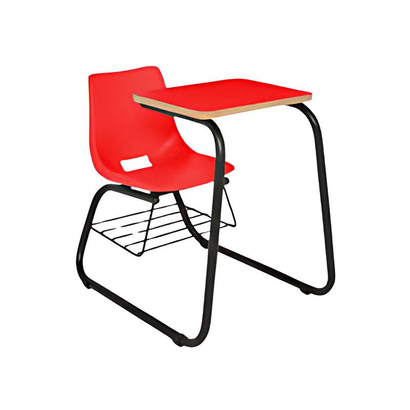 Pupitre infantil ambidiestro Integrados por una concha de polipropileno con transferencia térmica Asiento y respaldo Tapizados en tela a su elección Paleta Grande de polipropileno en color negro Aura Muebles Modelo PABI-355