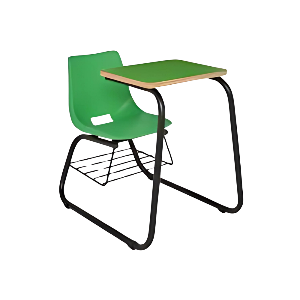 Pupitre infantil ambidiestro Integrados por una concha de polipropileno con transferencia térmica Asiento y respaldo Tapizados en tela a su elección Paleta Grande de polipropileno en color negro Aura Muebles Modelo PABI-355