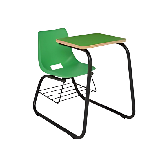 Pupitre infantil ambidiestro Integrados por una concha de polipropileno con transferencia térmica Asiento y respaldo Tapizados en tela a su elección Paleta Grande de polipropileno en color negro Aura Muebles Modelo PABI-355