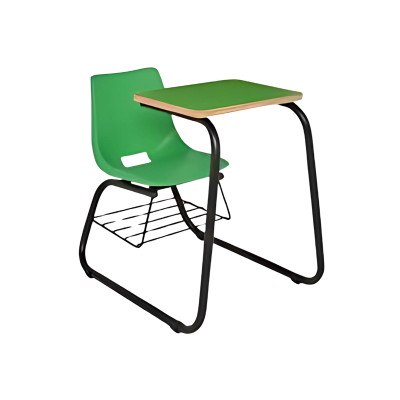 Pupitre infantil ambidiestro Integrados por una concha de polipropileno con transferencia térmica Asiento y respaldo Tapizados en tela a su elección Paleta Grande de polipropileno en color negro Aura Muebles Modelo PABI-355