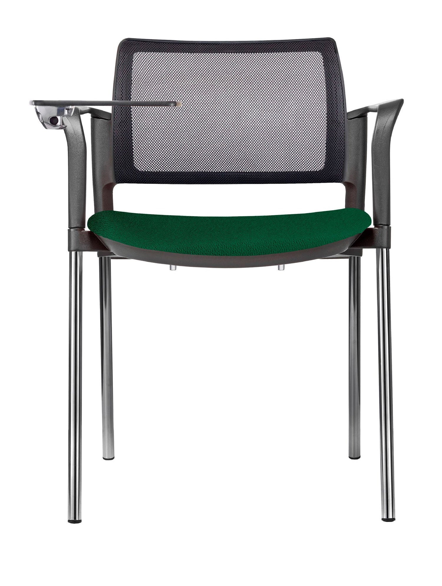 El pupitre escolar Kyos OHP‑379CR; mantiene una estructura cromada elegante, respaldo en malla ergonómica, asiento acolchonado, paleta abatible y rodajas dobles, ideal para aulas, universidades y espacios de formación.