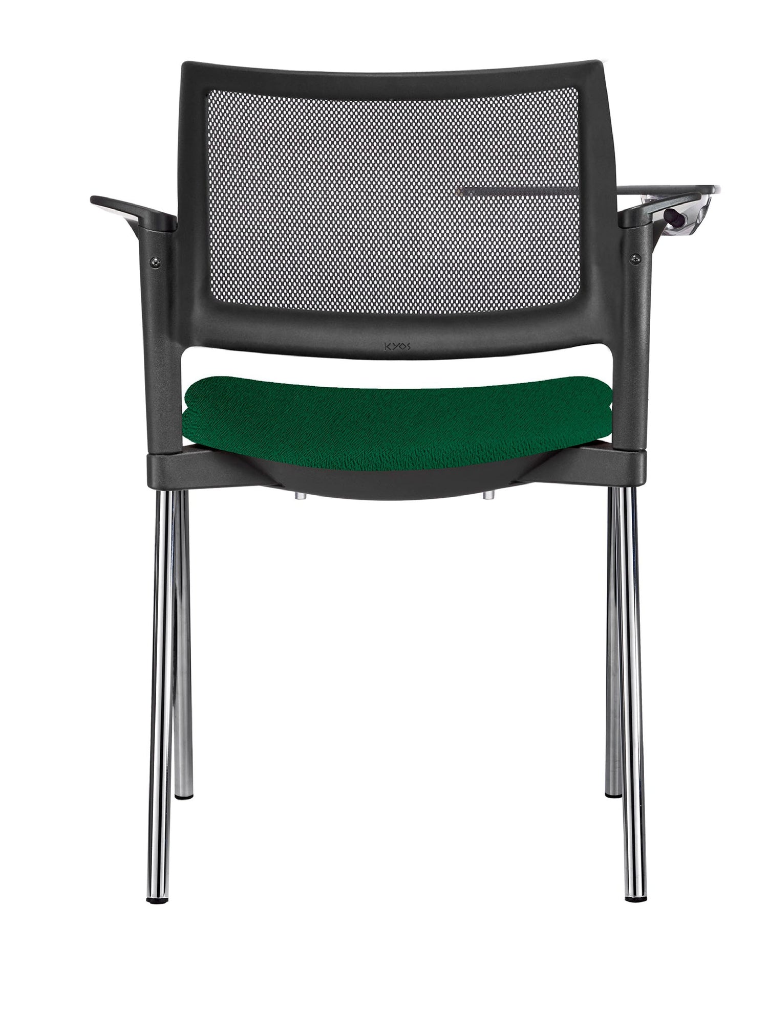 El pupitre escolar Kyos OHP‑379CR; mantiene una estructura cromada elegante, respaldo en malla ergonómica, asiento acolchonado, paleta abatible y rodajas dobles, ideal para aulas, universidades y espacios de formación.