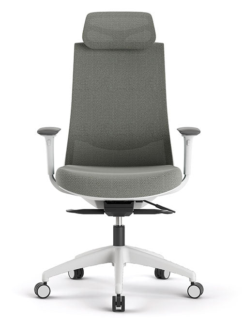 Sillón Ejecutivo Royal White respaldo alto con cabecera, malla NeoMesh y asiento tapizado en tela. Ideal para oficinas modernas y ejecutivas.