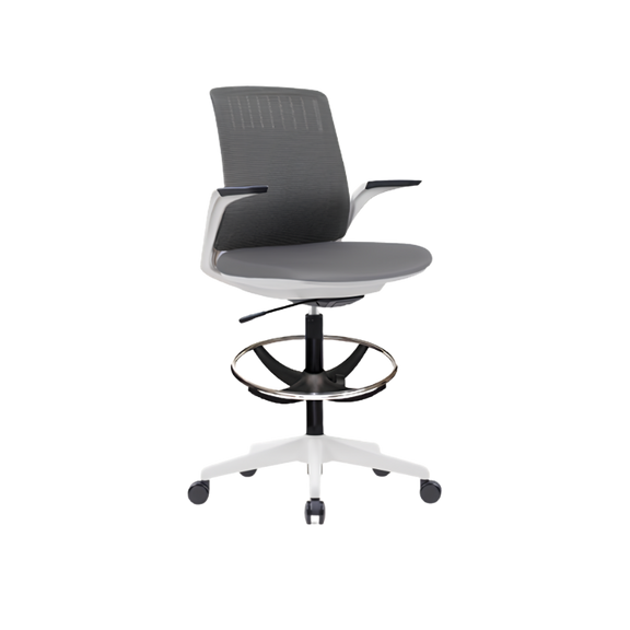 Silla cajero ergonómica blanca con respaldo de malla