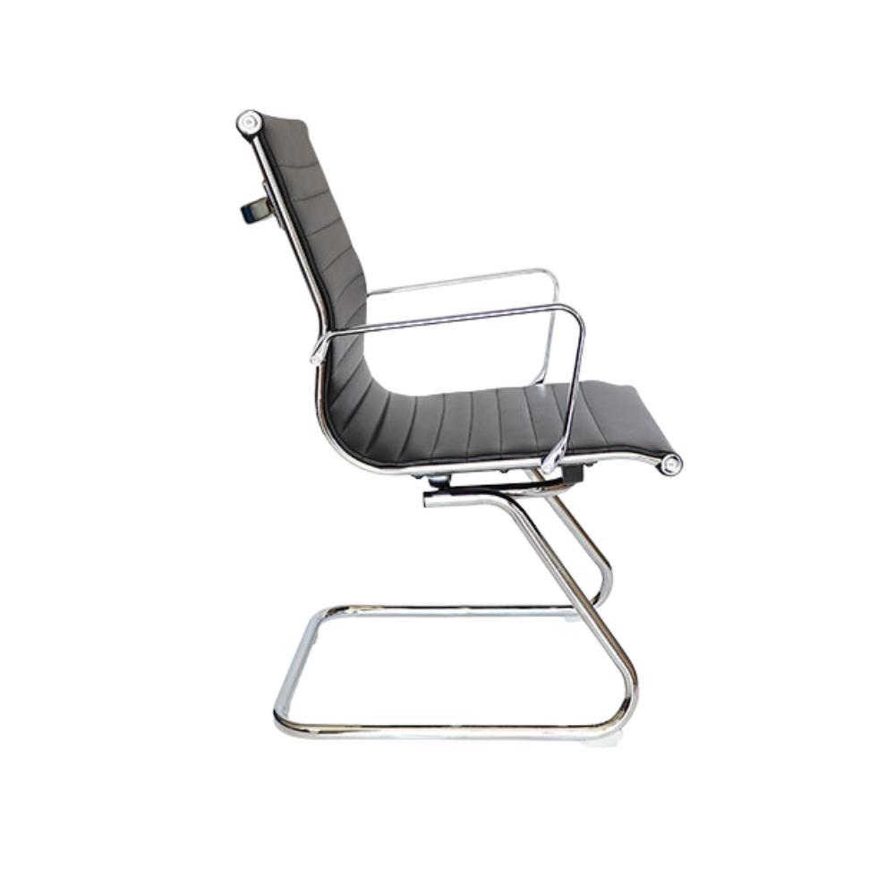 Silla de visita GOETZ ejecutiva asiento y respaldo bajo de un sólo corte tensado con la estructura para dar una suspensión única y adaptarse al cuerpo tapizado en suave cuero giratorio acojinado con Hule espuma laminada flexible toda la estructura es de acero tubular con terminado en cromo Aura Muebles modelo OHV-208