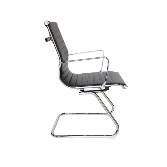 Silla de visita GOETZ ejecutiva asiento y respaldo bajo de un sólo corte tensado con la estructura para dar una suspensión única y adaptarse al cuerpo tapizado en suave cuero giratorio acojinado con Hule espuma laminada flexible toda la estructura es de acero tubular con terminado en cromo Aura Muebles modelo OHV-208