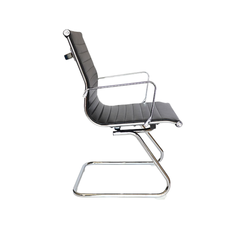 Silla de visita GOETZ ejecutiva asiento y respaldo bajo de un sólo corte tensado con la estructura para dar una suspensión única y adaptarse al cuerpo tapizado en suave cuero giratorio acojinado con Hule espuma laminada flexible toda la estructura es de acero tubular con terminado en cromo Aura Muebles modelo OHV-208