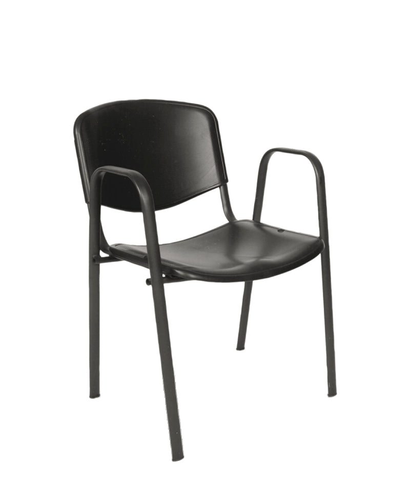 Silla de visita con brazos modelo LK-05 en color negro, vista 3/4.