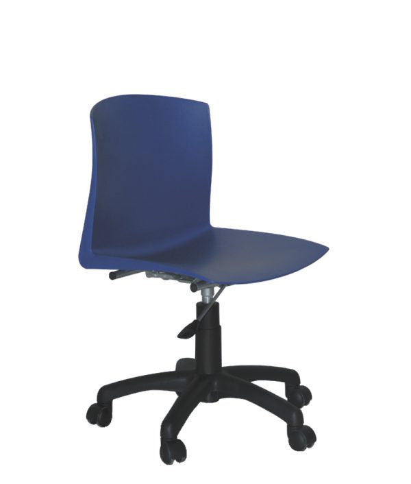 Silla de visita con ruedas modelo PL-21 en color azul, ideal para oficinas y espacios educativos.