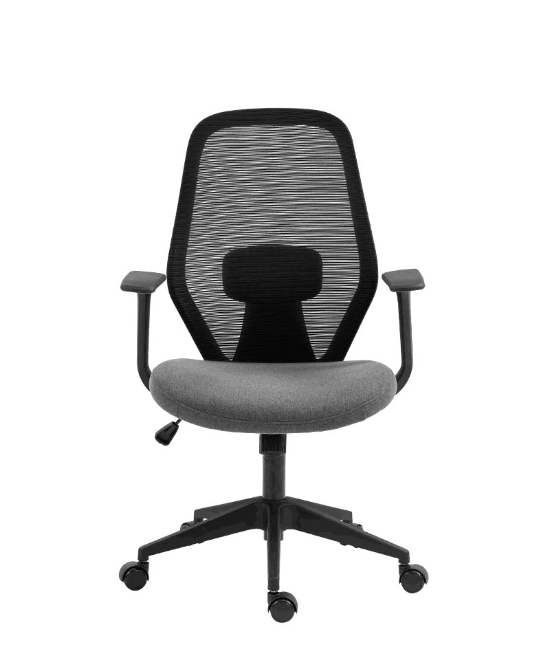 Vista frontal de silla ejecutiva AC-20 NN con respaldo en malla y asiento gris.