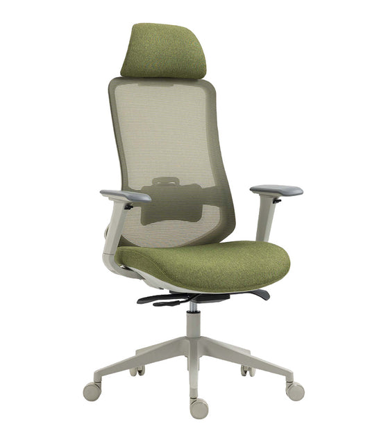 Vista 3/4 de la silla ejecutiva AC-30 GV con base gris y malla verde