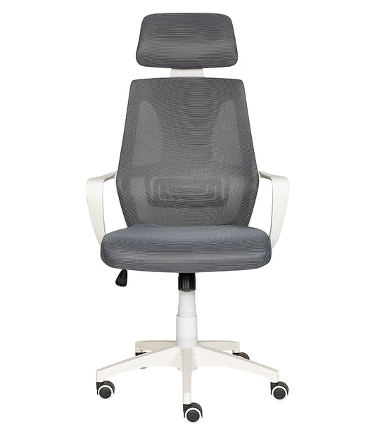 Vista frontal de la silla ejecutiva GA-004 BL en color blanco y gris