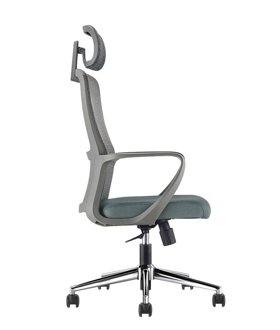 Vista lateral de silla ejecutiva LK-20 con respaldo ergonómico de malla.