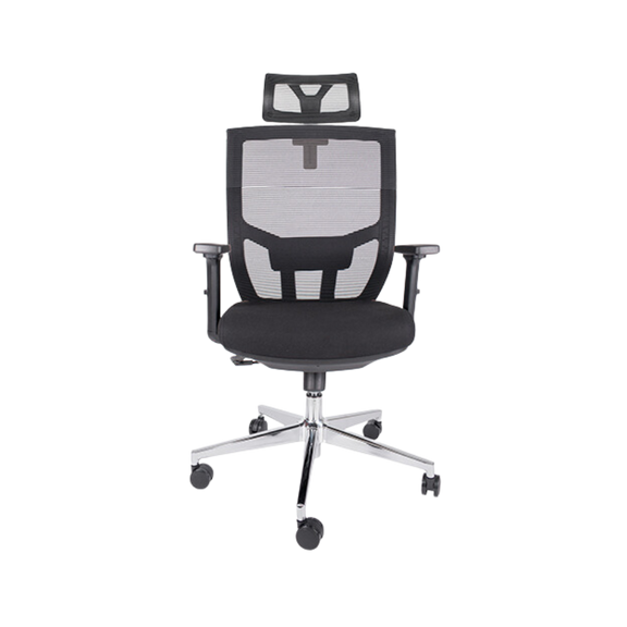 Silla ejecutiva AIKO Brazos Tipo 2D de polipropileno semi-rígido con pad de poliuretano de 10 posiciones Respaldo En malla de diseño ergonómico con cabecera Aura Muebles modelo OHE-705 color Negro