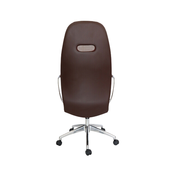 Silla ejecutiva  Brazos de aluminio fundido y pulidos con terminado natural Acojinados y tapizados en soft revolving leather color chocolate Asiento y respaldo De respaldo alto con cabecera hule espuma laminado flexible ALUFSEN Aura Muebles modelo OHE-405