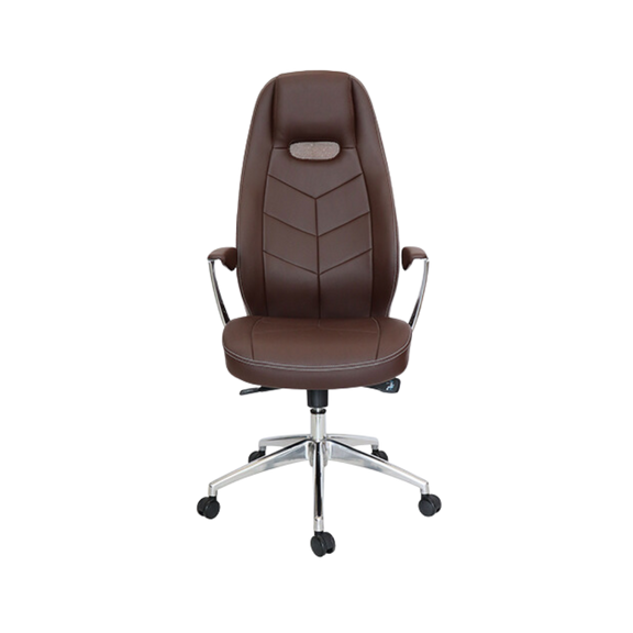 Silla ejecutiva  Brazos de aluminio fundido y pulidos con terminado natural Acojinados y tapizados en soft revolving leather color chocolate Asiento y respaldo De respaldo alto con cabecera hule espuma laminado flexible ALUFSEN Aura Muebles modelo OHE-405