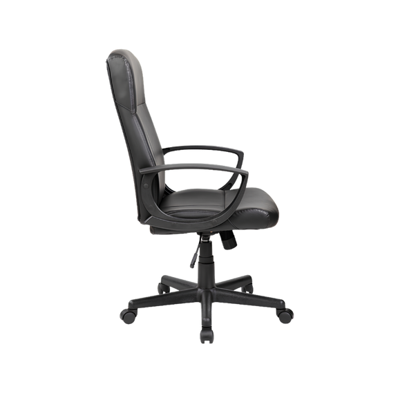 Silla ejecutiva modelo E-410 con respaldo alto, tapizado en vinil negro, ajuste de altura y base giratoria. Comodidad profesional hasta por 110 kg.