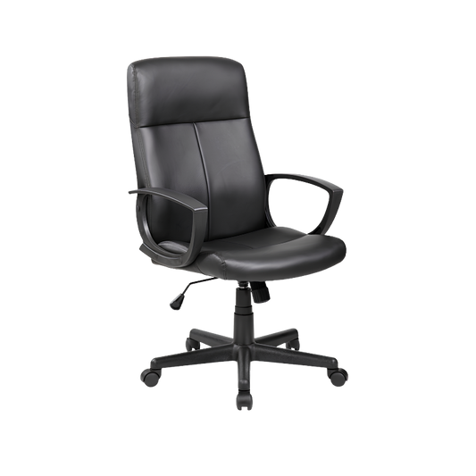 Silla ejecutiva modelo E-410 con respaldo alto, tapizado en vinil negro, ajuste de altura y base giratoria. Comodidad profesional hasta por 110 kg.