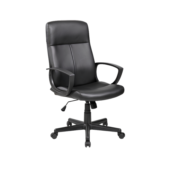 Silla ejecutiva modelo E-410 con respaldo alto, tapizado en vinil negro, ajuste de altura y base giratoria. Comodidad profesional hasta por 110 kg.