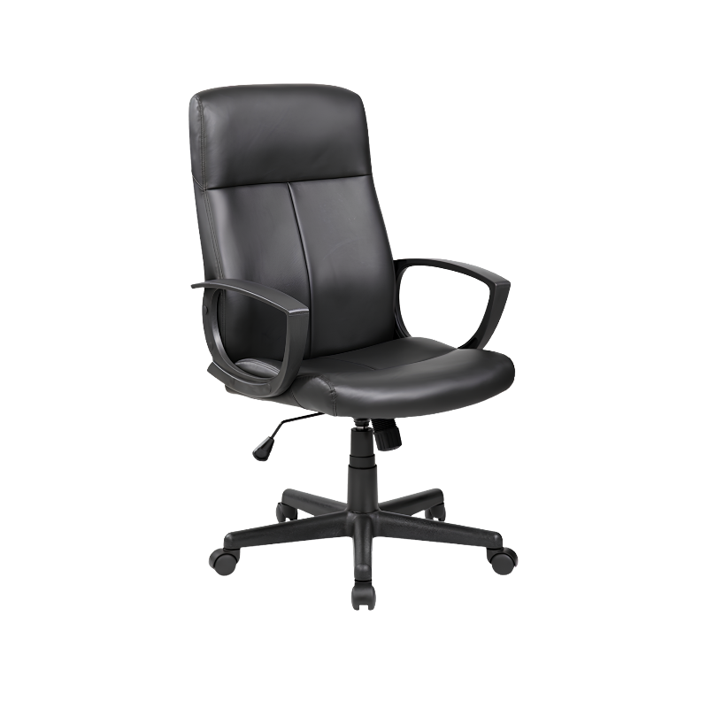 Silla ejecutiva modelo E-410 con respaldo alto, tapizado en vinil negro, ajuste de altura y base giratoria. Comodidad profesional hasta por 110 kg.
