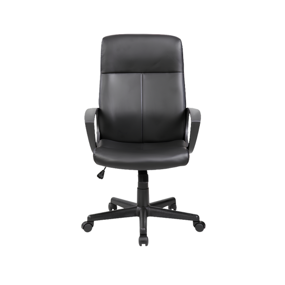 Silla ejecutiva modelo E-410 con respaldo alto, tapizado en vinil negro, ajuste de altura y base giratoria. Comodidad profesional hasta por 110 kg.