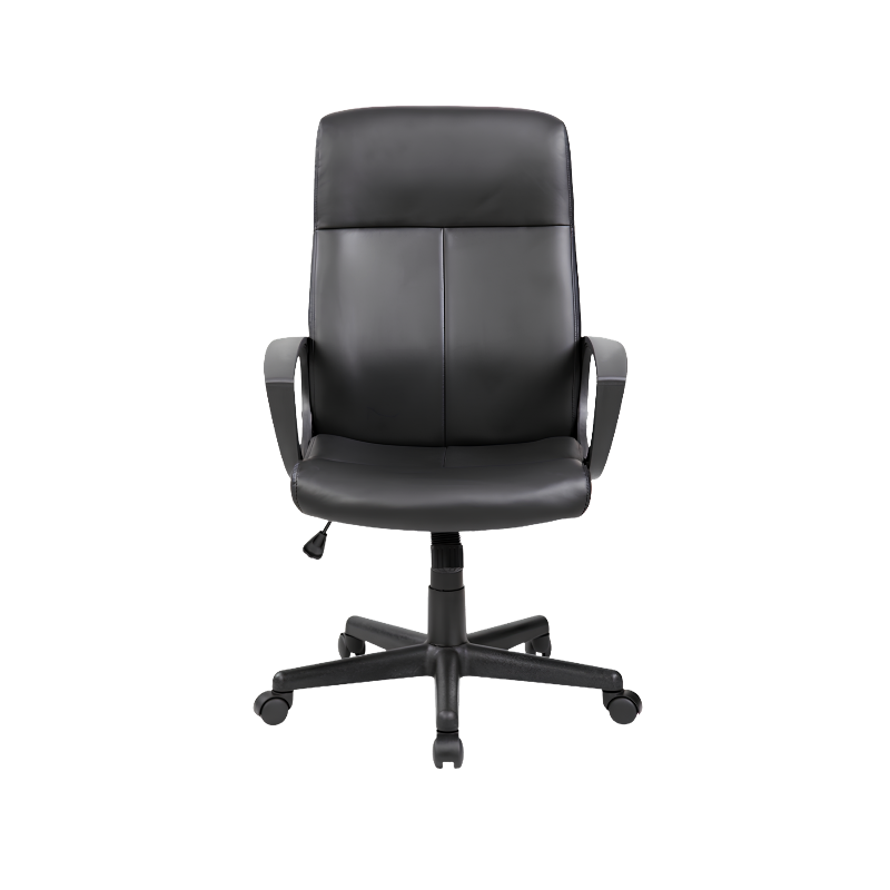 Silla ejecutiva modelo E-410 con respaldo alto, tapizado en vinil negro, ajuste de altura y base giratoria. Comodidad profesional hasta por 110 kg.