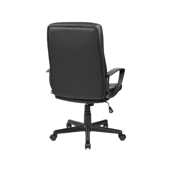 Silla ejecutiva modelo E-410 con respaldo alto, tapizado en vinil negro, ajuste de altura y base giratoria. Comodidad profesional hasta por 110 kg.
