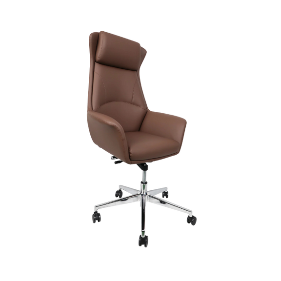 Silla ejecutiva modelo GALICIA con estructura de acero y cuero sintético café. Diseño elegante, cómodo y duradero para oficinas modernas.