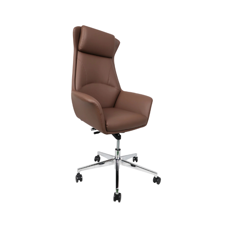 Silla ejecutiva modelo GALICIA con estructura de acero y cuero sintético café. Diseño elegante, cómodo y duradero para oficinas modernas.
