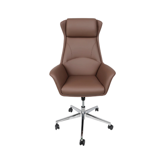 Silla ejecutiva modelo GALICIA con estructura de acero y cuero sintético café. Diseño elegante, cómodo y duradero para oficinas modernas.