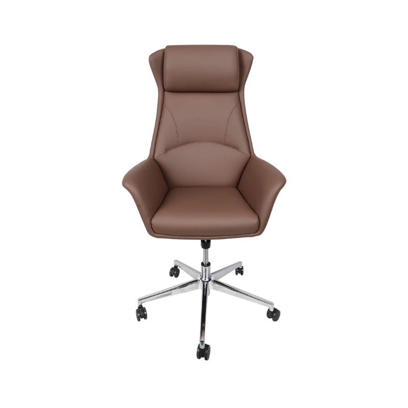 Silla ejecutiva modelo GALICIA con estructura de acero y cuero sintético café. Diseño elegante, cómodo y duradero para oficinas modernas.