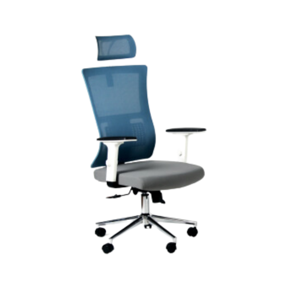 Silla ejecutiva color azul con asiento Gris con brazos respaldo alto y cabecera Aura Muebles modelo GIRONA