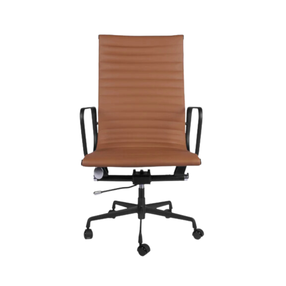 Silla ejecutiva respaldo alto respaldo y asiento tapiz del asiento y respaldo de un solo tensado con la estructura para dar una suspensión única y adaptarse al cuerpo Tapiz piel genuina italiana color café GOETZ Aura Muebles modelo OHE-204