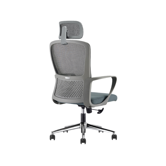 Silla ejecutiva modelo LK-20 con respaldo de malla, cabecera ajustable y base cromada. Ideal para oficinas modernas por su confort y diseño ergonómico.