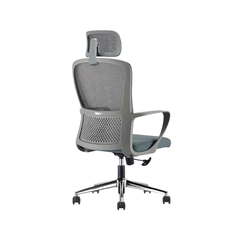 Silla ejecutiva modelo LK-20 con respaldo de malla, cabecera ajustable y base cromada. Ideal para oficinas modernas por su confort y diseño ergonómico.