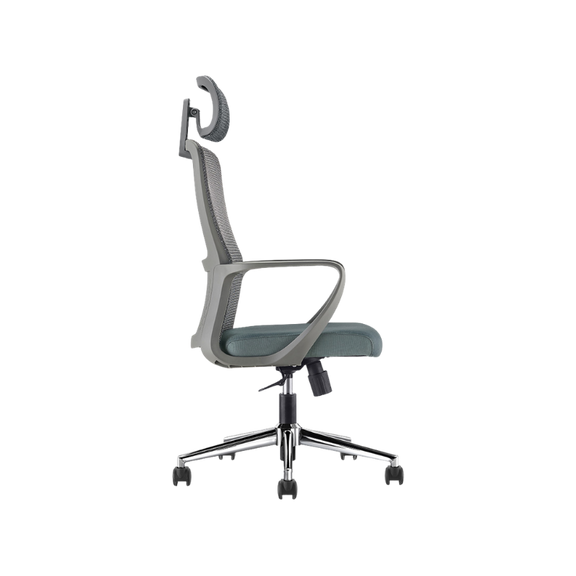 Silla ejecutiva modelo LK-20 con respaldo de malla, cabecera ajustable y base cromada. Ideal para oficinas modernas por su confort y diseño ergonómico.